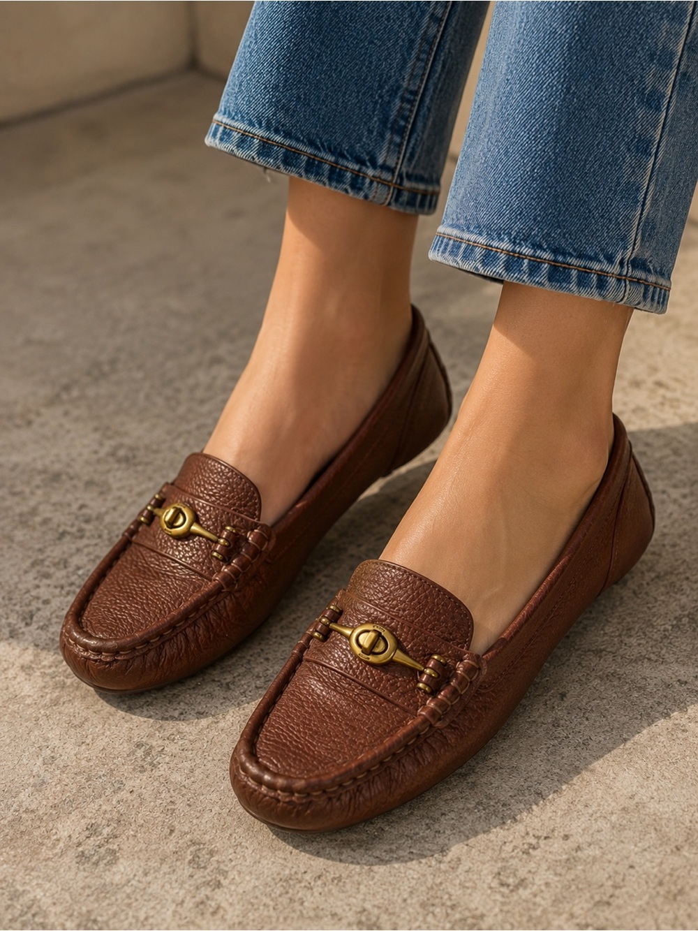 Coach Brown Pebbled Leather Turnlock Driving Loafers Women’s Size 6